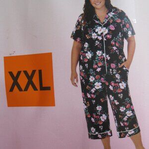 Room Service Women 2-Piece Notch Collar Crop Pants Pajama set, black, purple